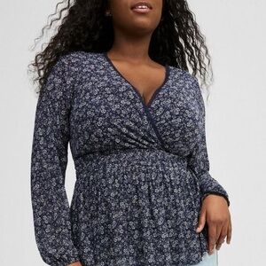 Torrid Blue and White Wrap Blouse with Long Sleeves